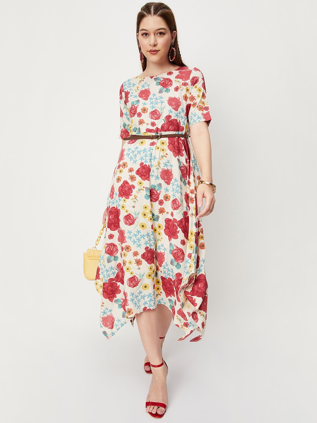 

max Floral Printed Boat Neck Asymmetric Midi A-Line Dress, Beige