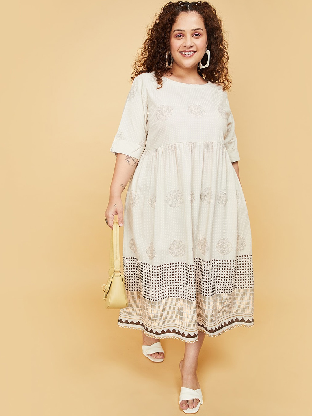 

max Plus Size Ethnic Motif Printed Midi-Length Ethnic Dress, Off white