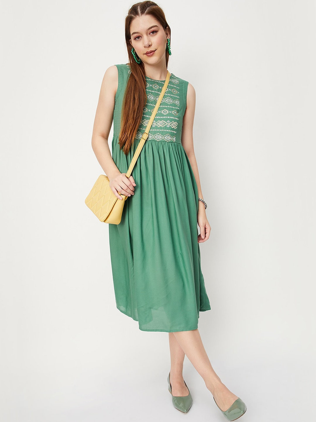 

max Geometric Yoke Woven Design A-Line Dress, Green