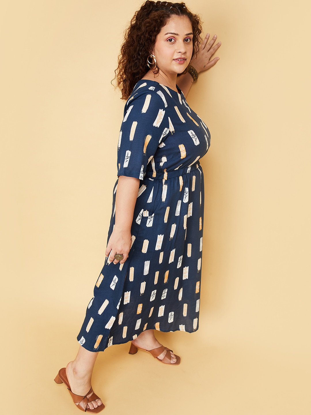 

max Plus Size Printed Round Neck Ethnic Dress, Navy blue