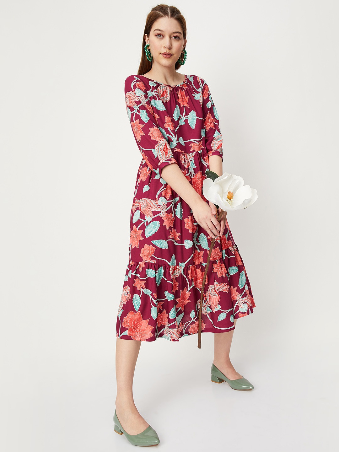 

max Floral Printed Midi-Length Ethnic Dress, Magenta