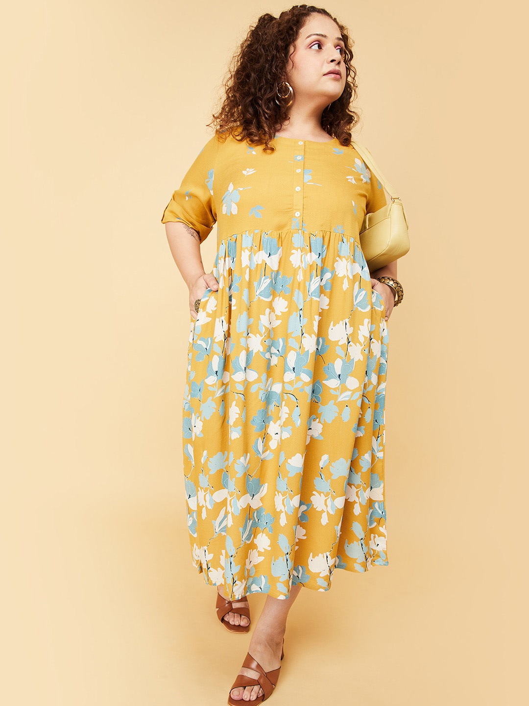 

max Plus Size Printed A-Line Ethnic Dress, Yellow