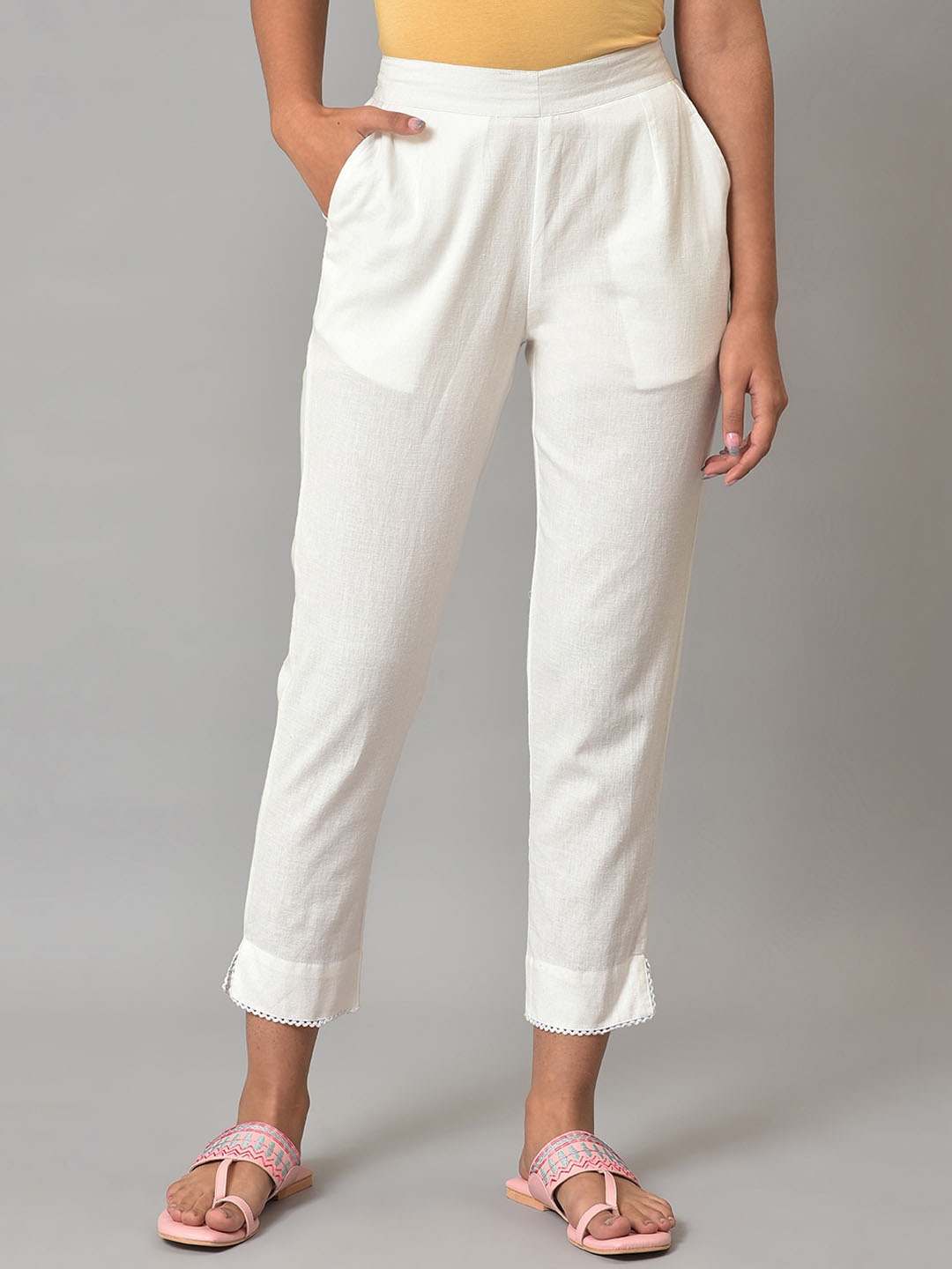 

AURELIA Women Mid-Rise Cropped Pure Cotton Cigerette Trousers, White