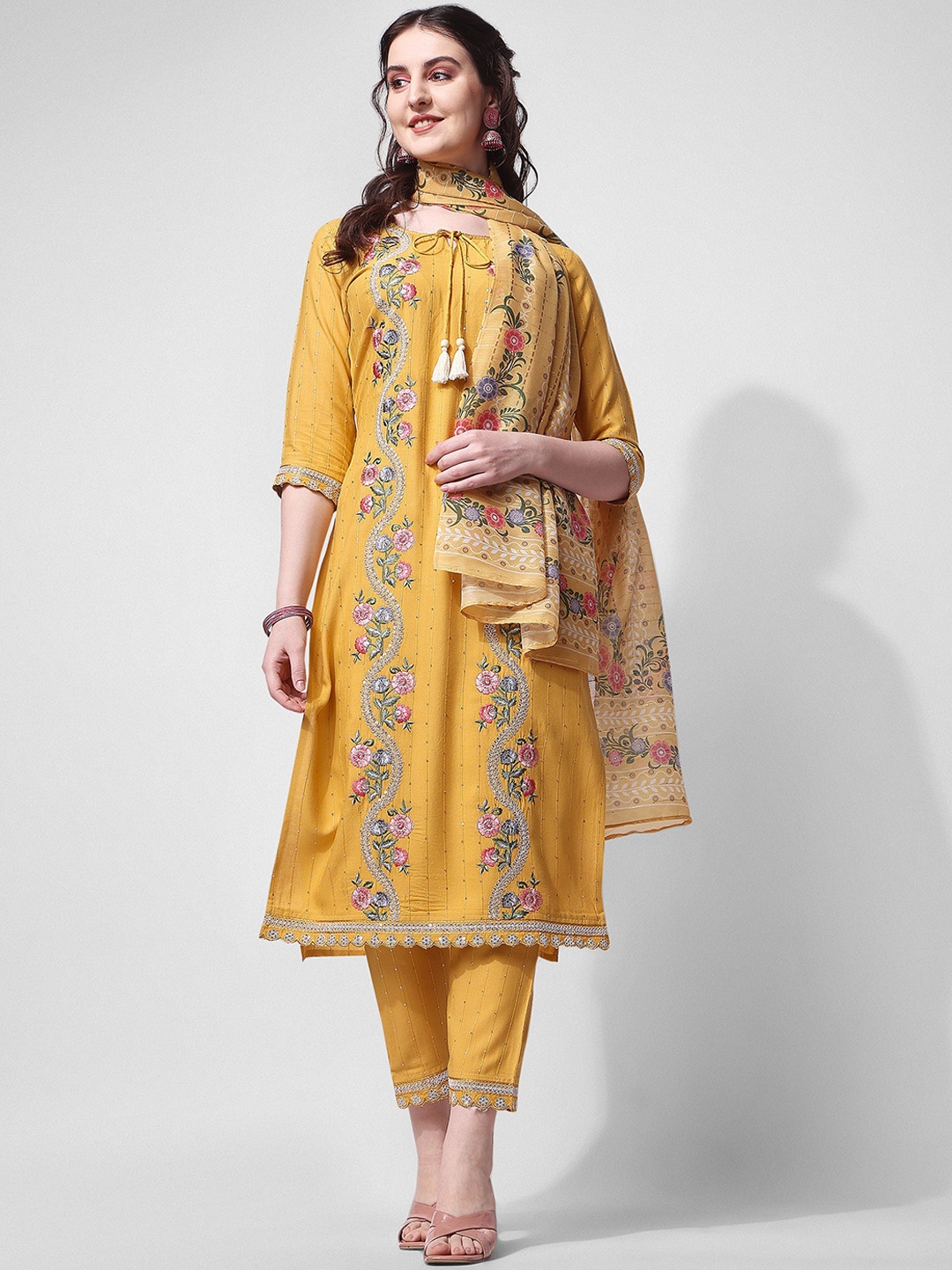 

Berrylicious Floral Embroidered Tie-Up Neck Panelled Kurta with Trousers & Dupatta, Mustard