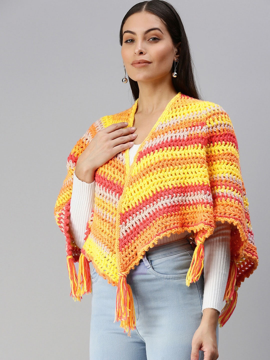 

Magic Needles Self Design Acrylic Poncho Shrug, Yellow