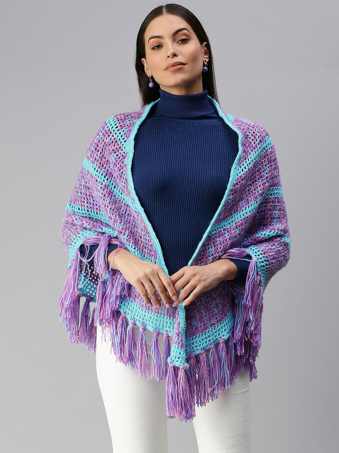 

Magic Needles Self Design Acrylic Poncho Shrug, Purple