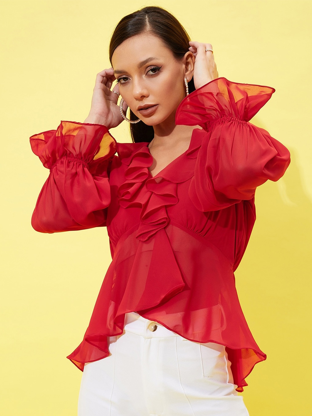 

Athena V Neck Ruffles Bell Sleeves Georgette Top, Red