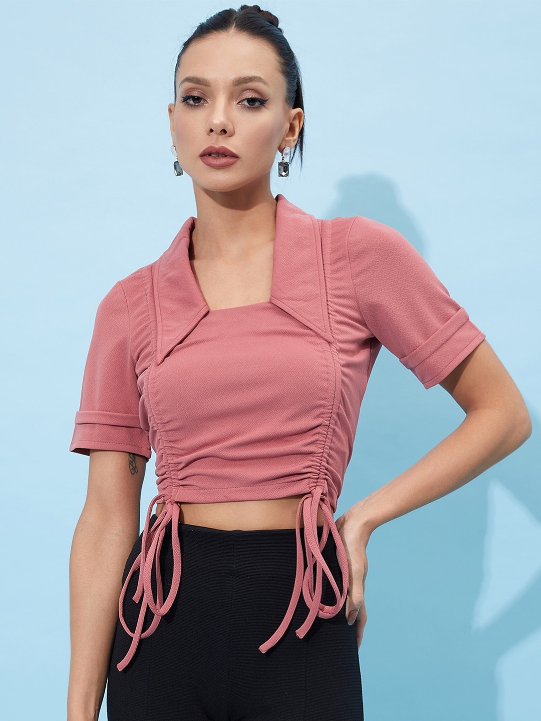 

Athena Ruched Tie-Up With Collar Crop Top, Pink