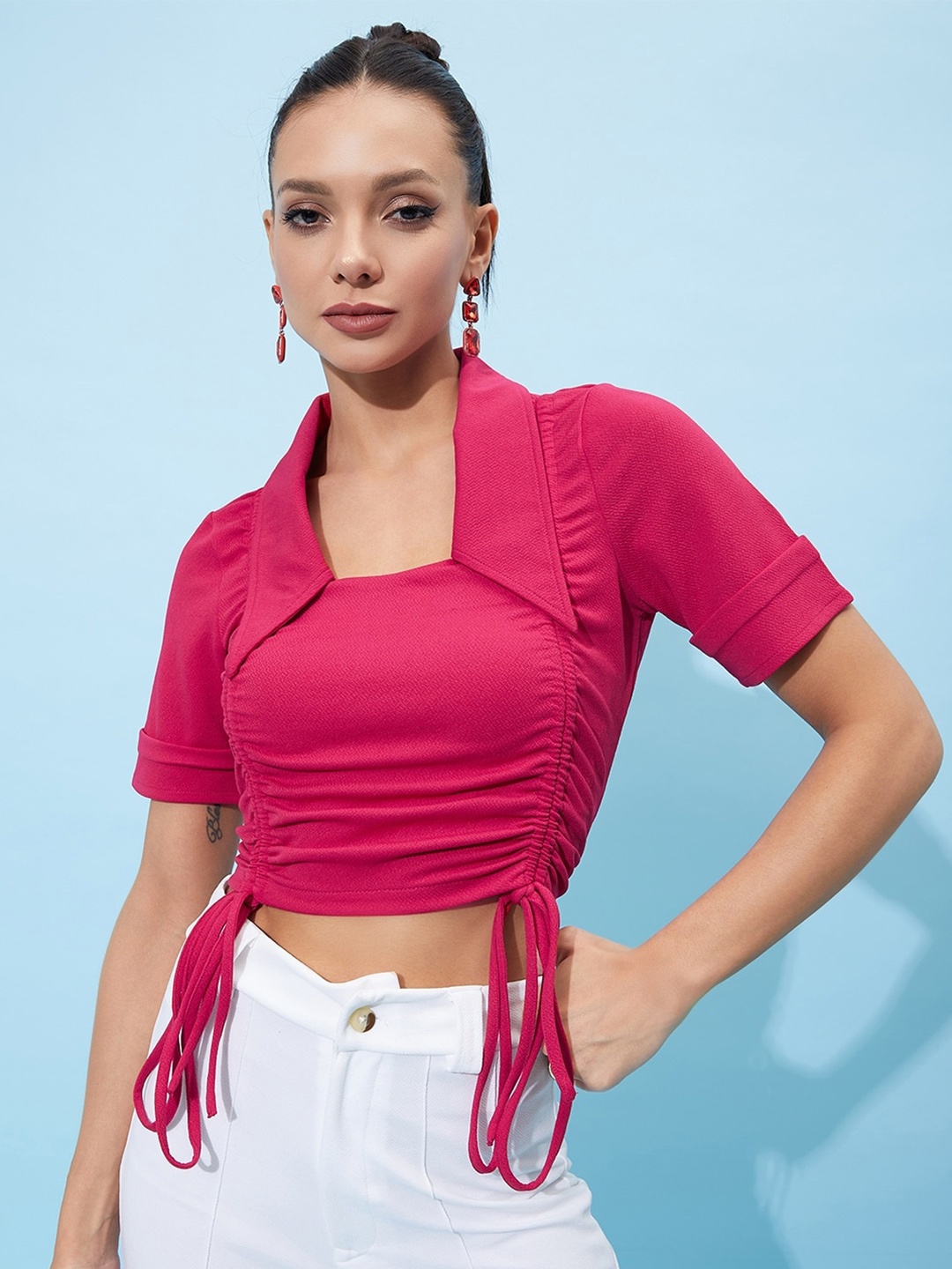 

Athena Spread Collar Fitted Ruched Crop Top, Fuchsia