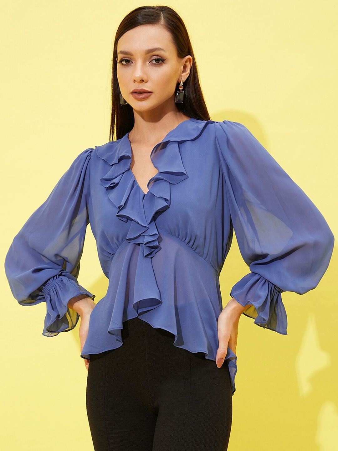 

Athena Puff Sleeves High Low Ruffled Semi Sheer Georgette Cinched Waist Top, Blue