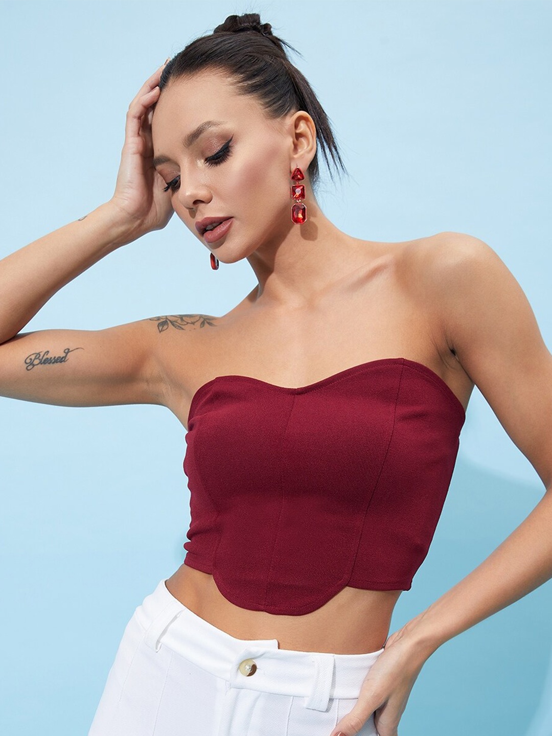 

Athena Strapless Tube Crop Top, Maroon
