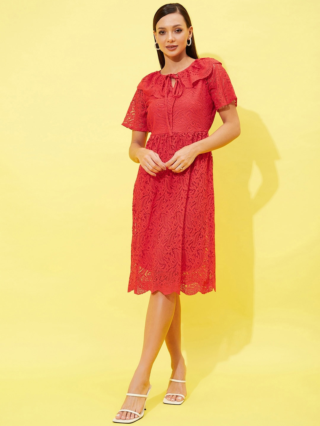

Athena Self Design Tie-Up Neck Lace Fit & Flare Dress, Red