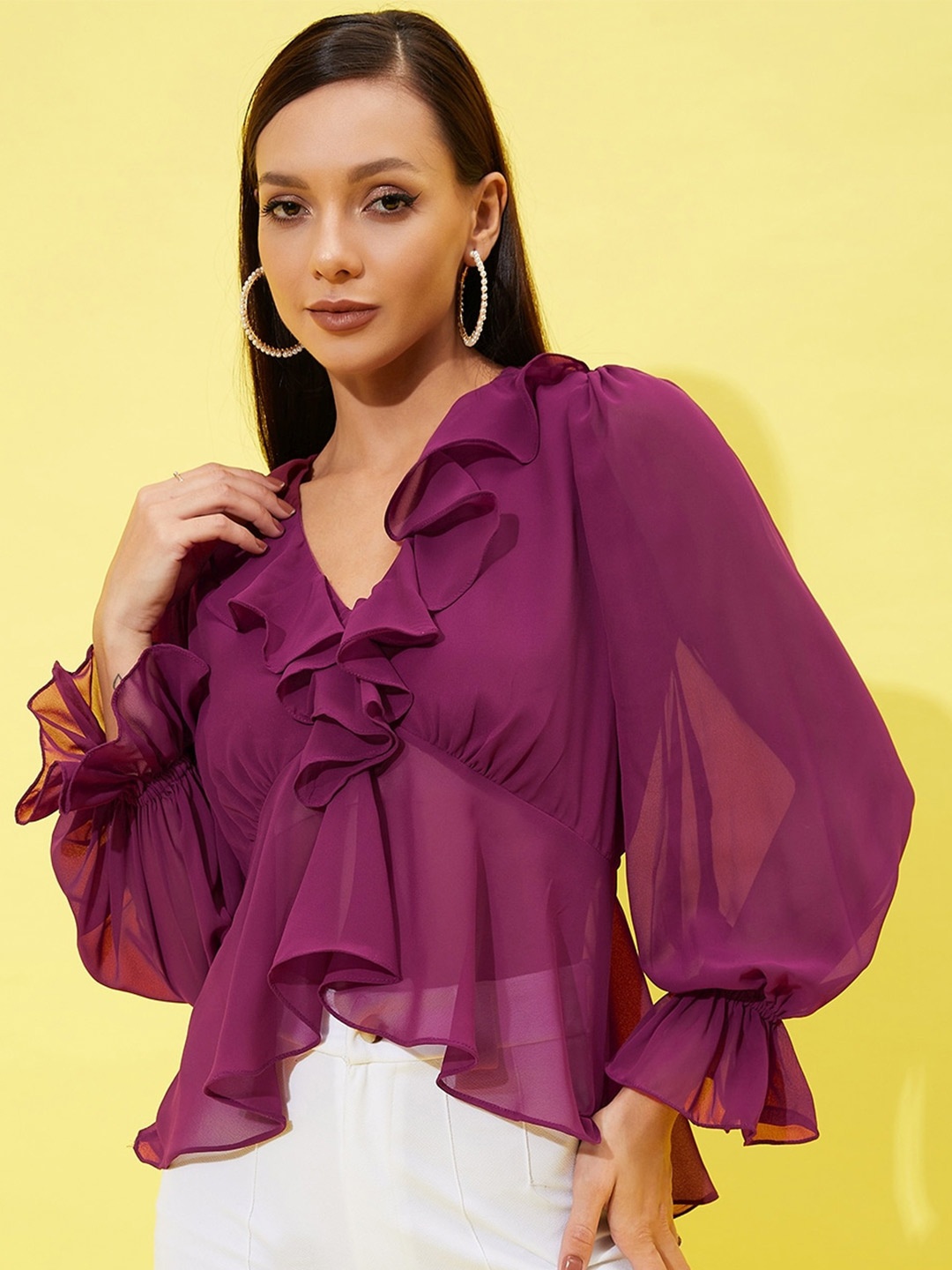 

Athena Puff Sleeves Ruffled Georgette Top, Burgundy