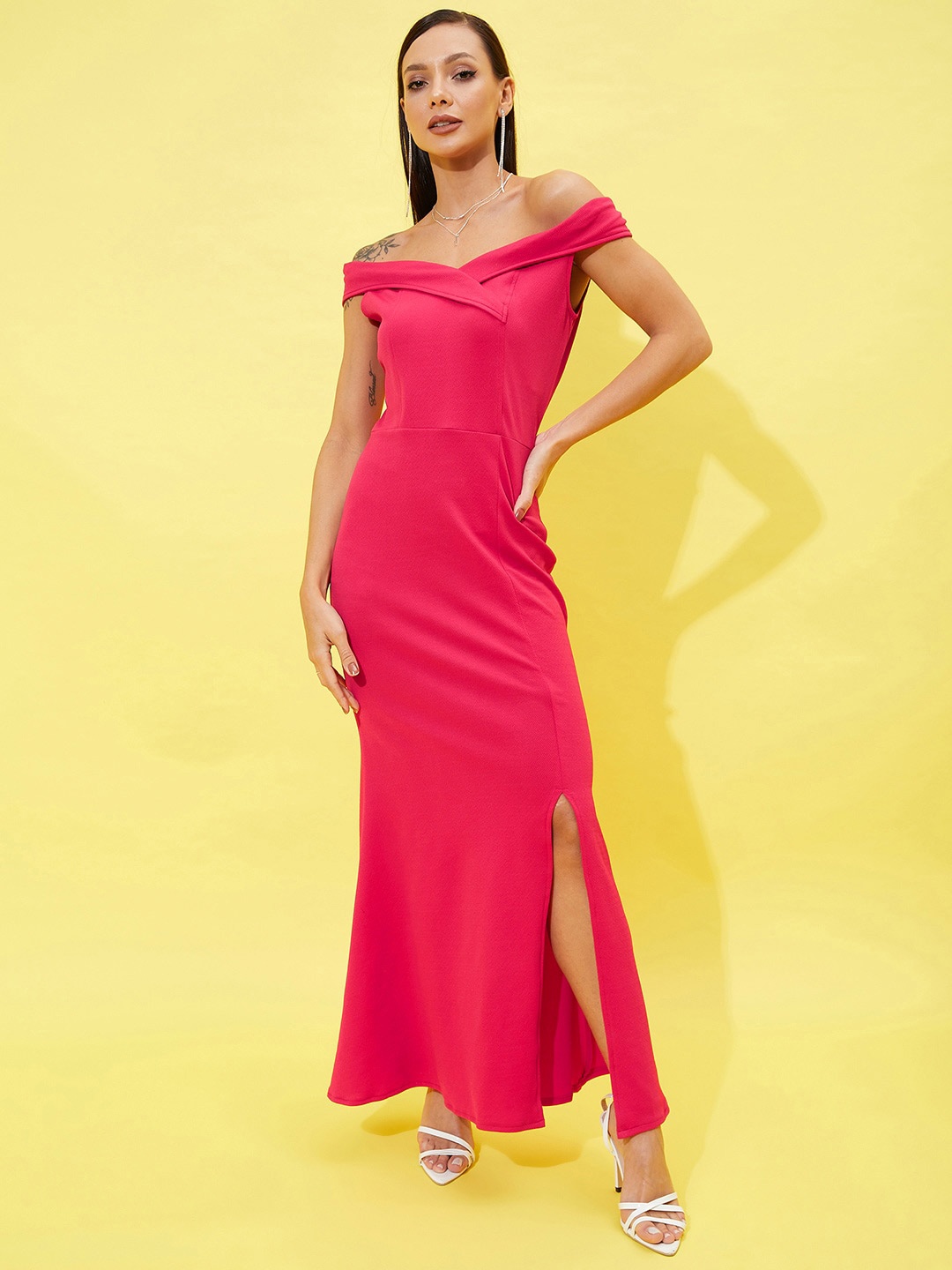 

Athena Fuchsia Off-Shoulder Front Slit Maxi Dress