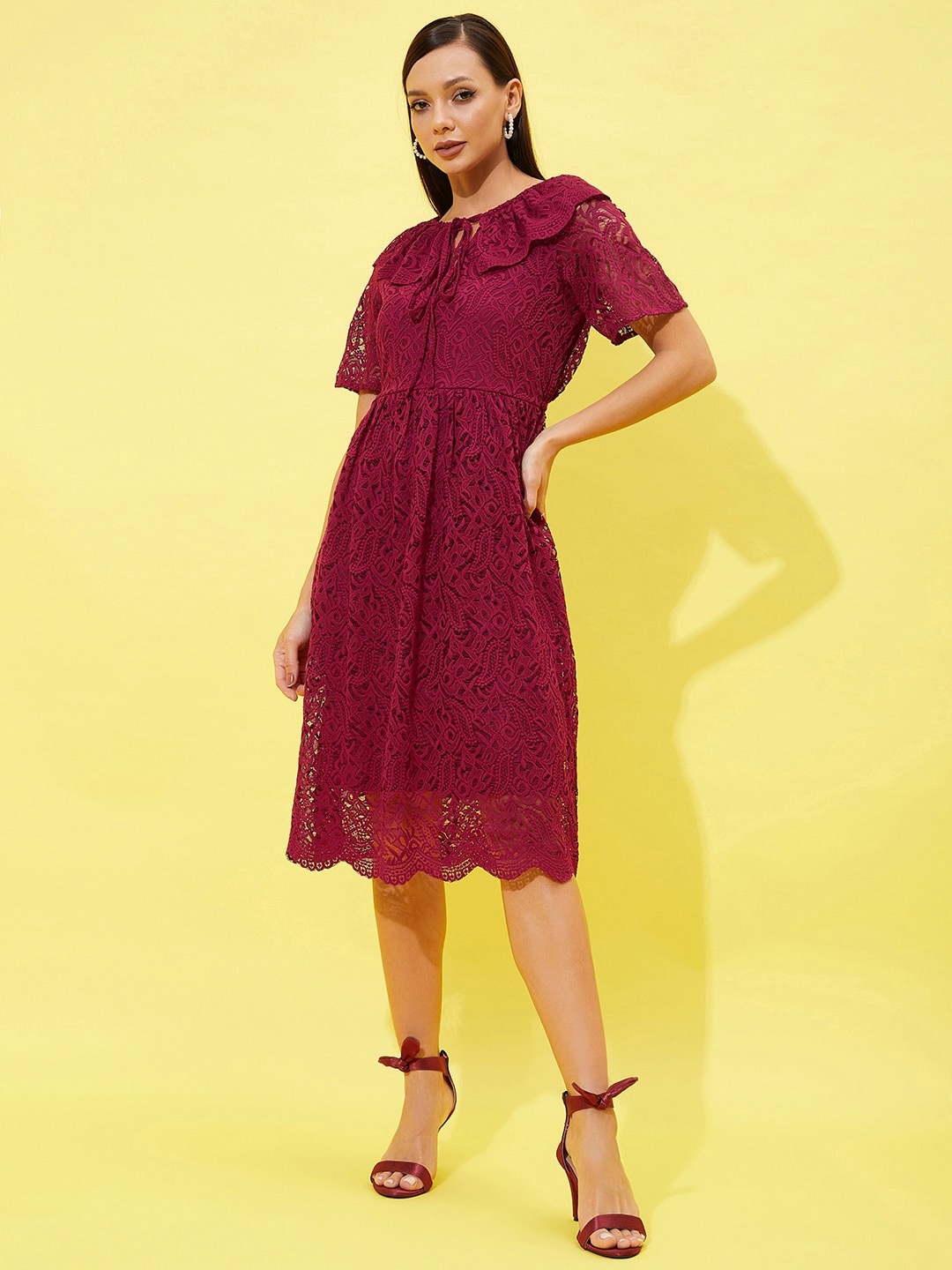 

Athena Self Design Tie-Up Neck Lace Fit & Flare Dress, Burgundy