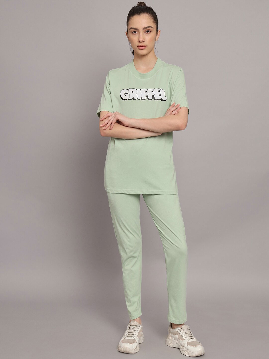 

GRIFFEL Women Pure Cotton T-shirt with Track Pants, Sea green