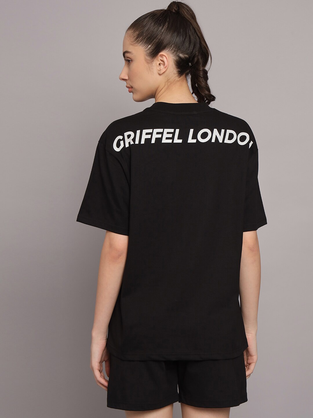 

GRIFFEL Women Printed Pure Cotton T-shirt with Shorts, Black