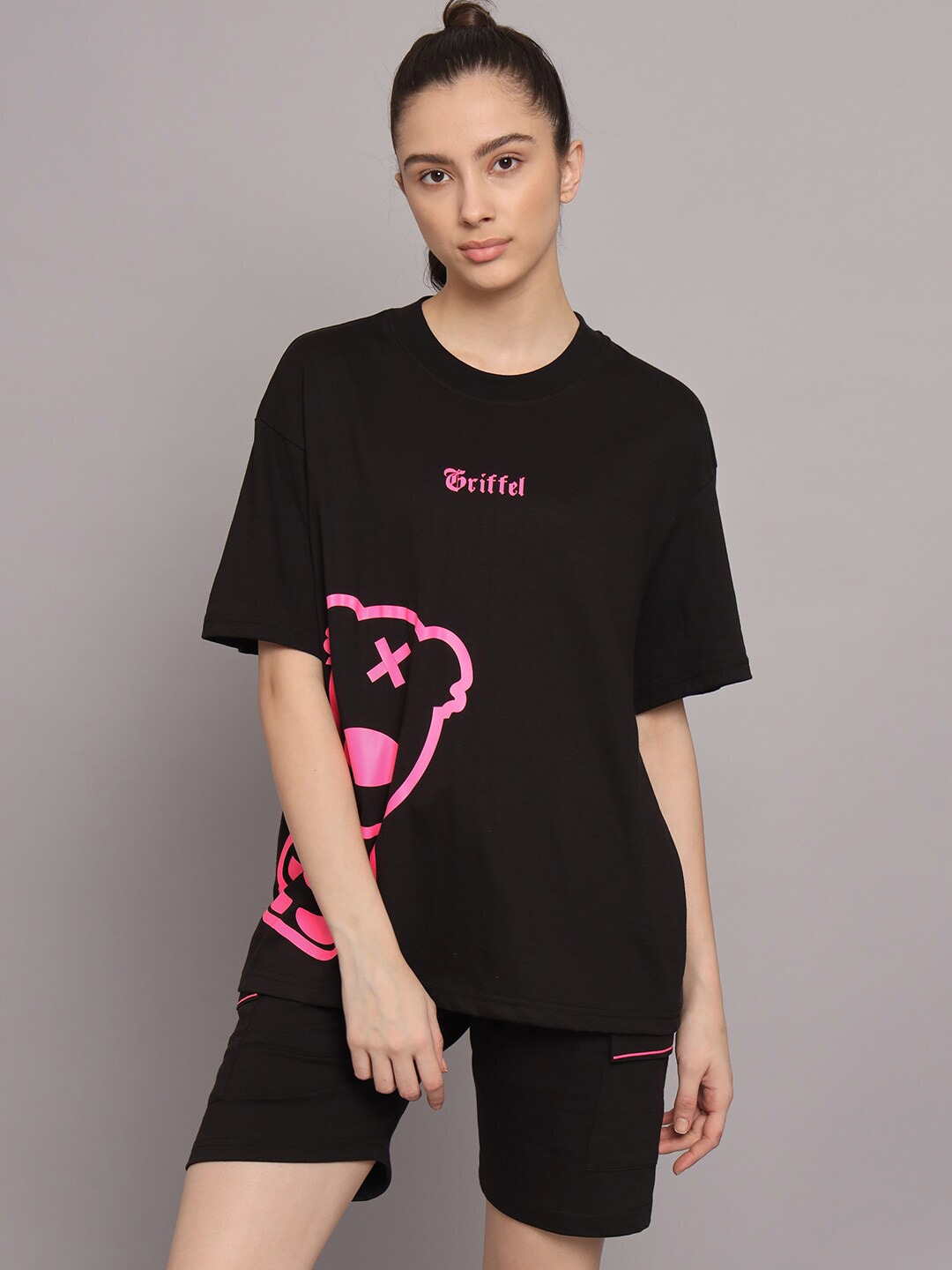 

GRIFFEL Women Printed Pure Cotton T-shirt with Shorts, Black