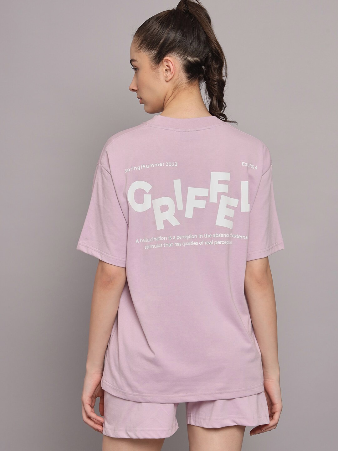 

GRIFFEL Women Printed Pure Cotton T-shirt With Shorts, Purple