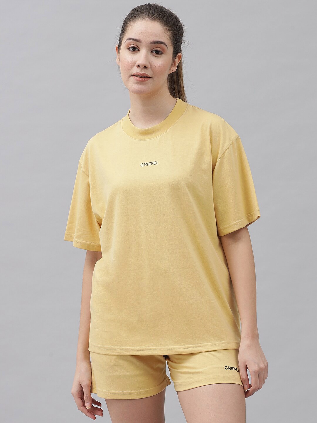 

GRIFFEL Women Printed Pure Cotton T-shirt With Shorts Set, Yellow