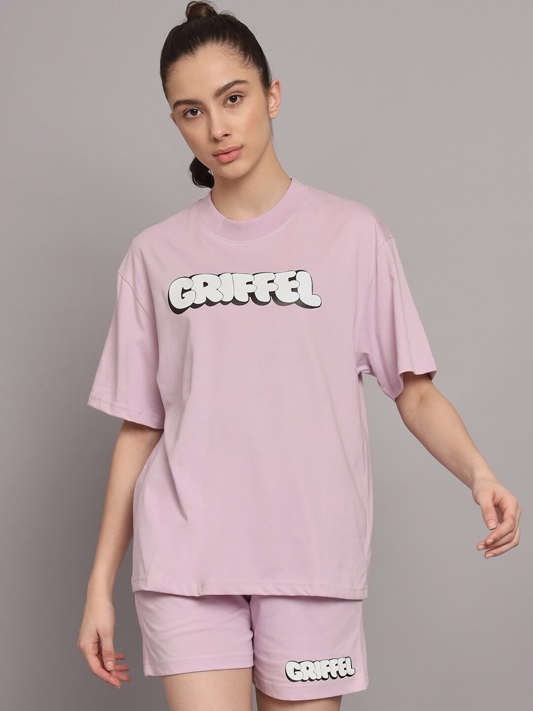 

GRIFFEL Women Typography Printed Pure Cotton T-shirt With Shorts, Purple