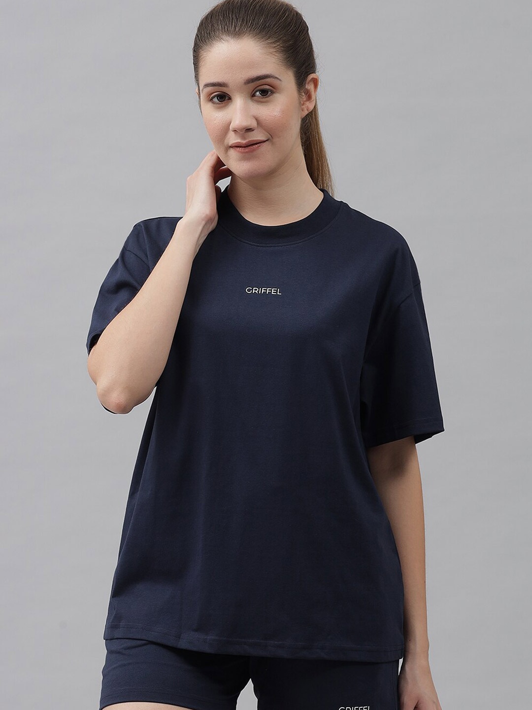 

GRIFFEL Women Printed Pure Cotton T-shirt With Shorts Set, Navy blue