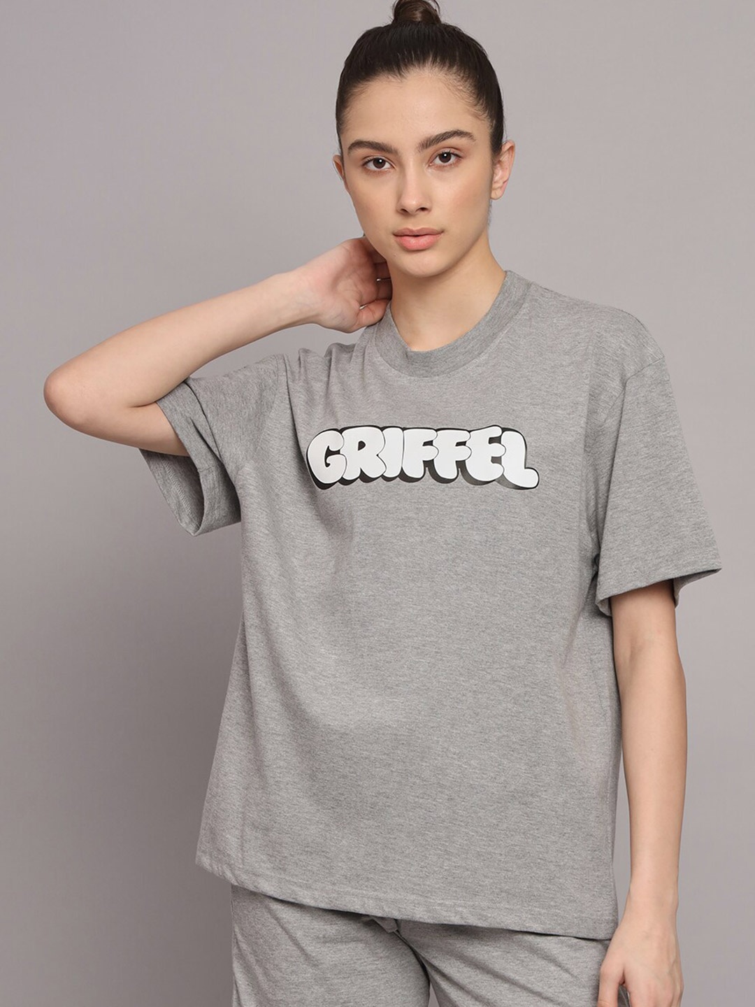 

GRIFFEL Women Printed Pure Cotton T-shirt with Shorts, Grey