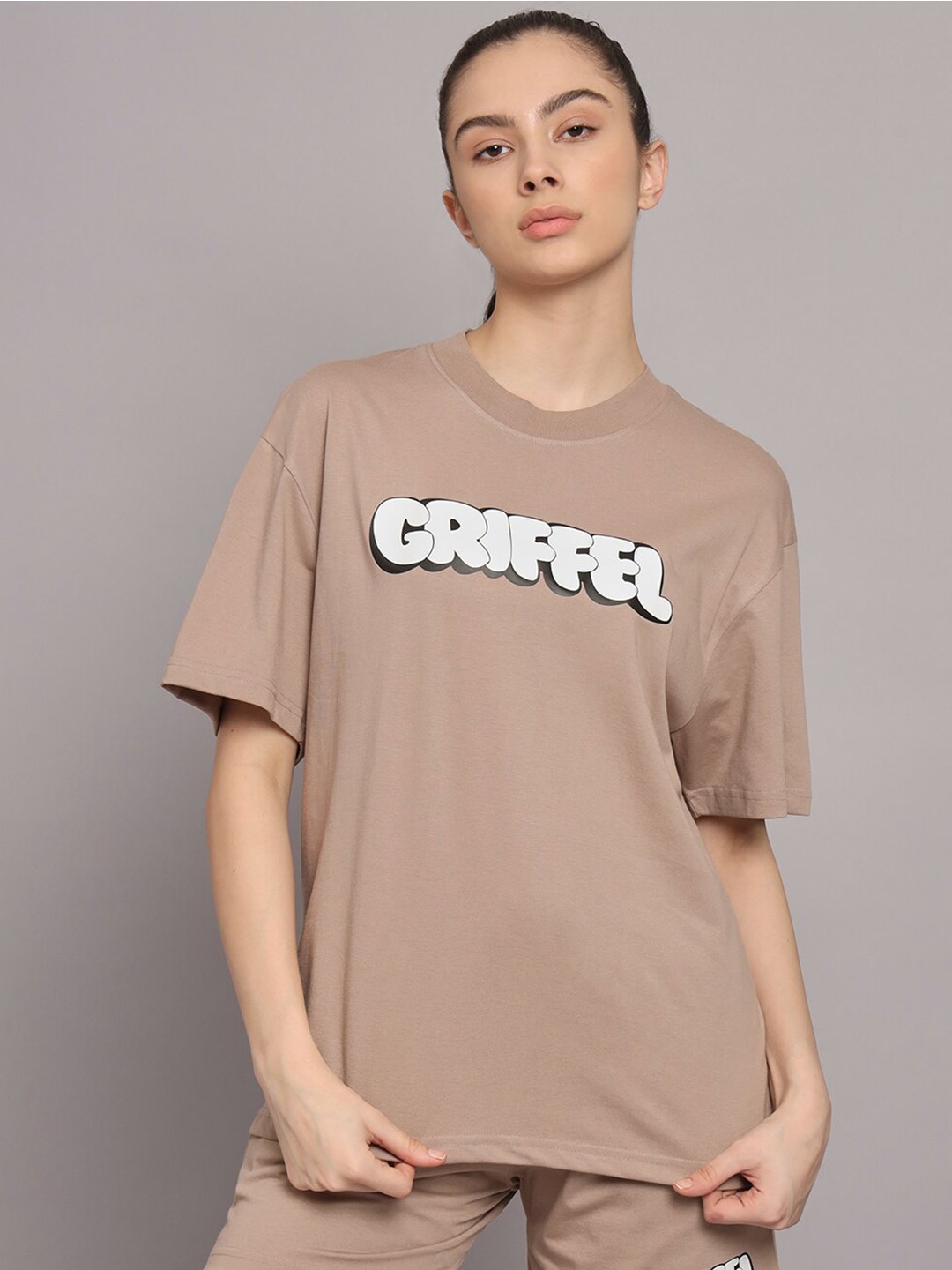 

GRIFFEL Women Printed Pure Cotton T-shirt with Shorts, Brown