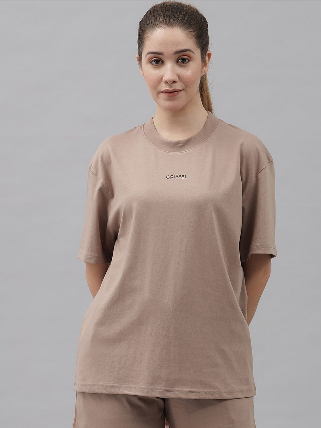 

GRIFFEL Women Round Neck Pure Cotton T-shirt With Shorts, Brown