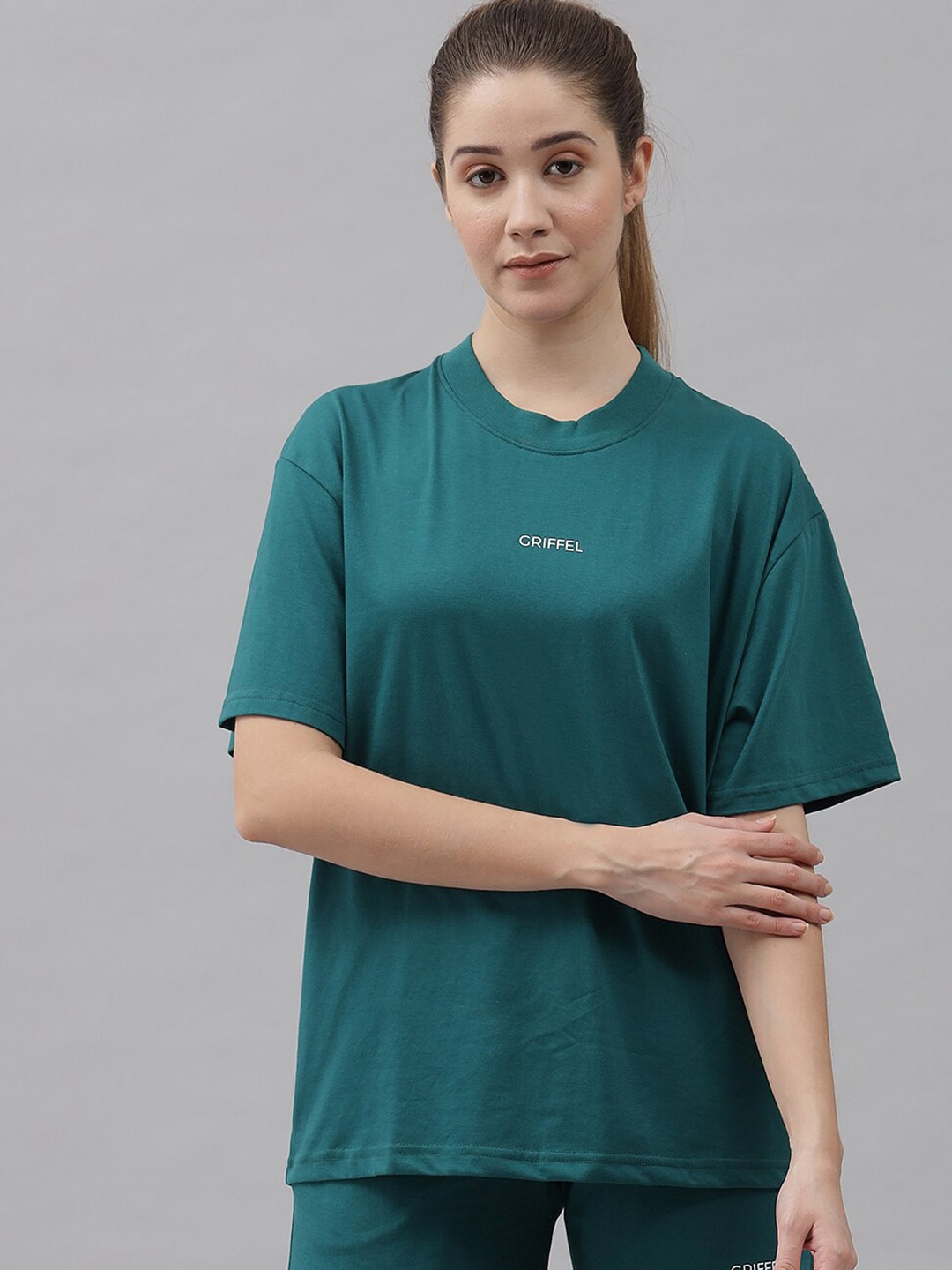 

GRIFFEL Women Printed Pure Cotton T-shirt With Shorts Set, Green