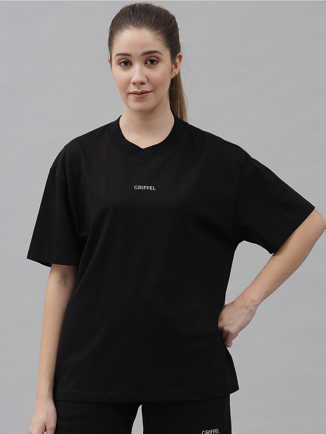 

GRIFFEL Women Pure Cotton T-shirt with Shorts, Black