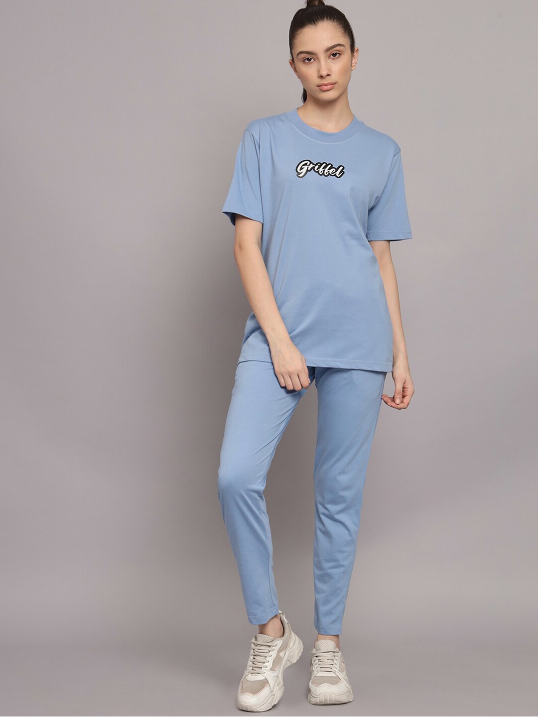 

GRIFFEL Women Pure Cotton T-shirt with Track Pants, Blue