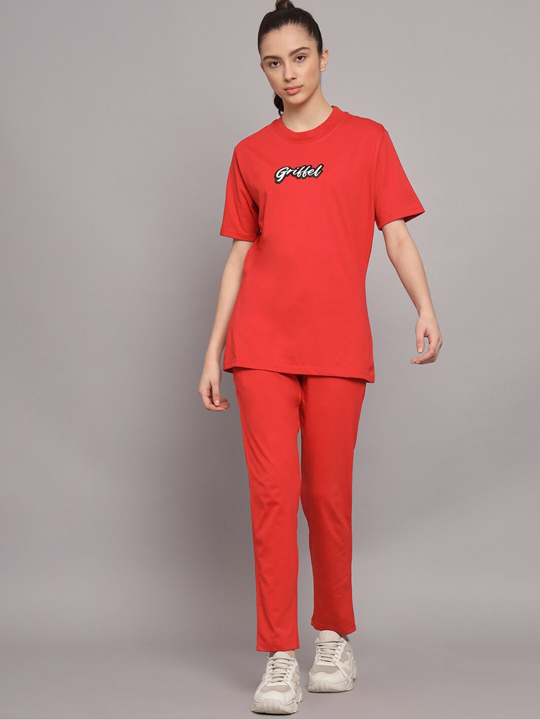 

GRIFFEL Women Pure Cotton Round Neck T-Shirt With Track Pants, Red