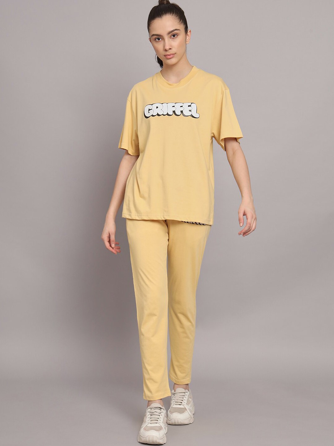 

GRIFFEL Women Pure Cotton Round Neck T-Shirt With Track Pants, Yellow