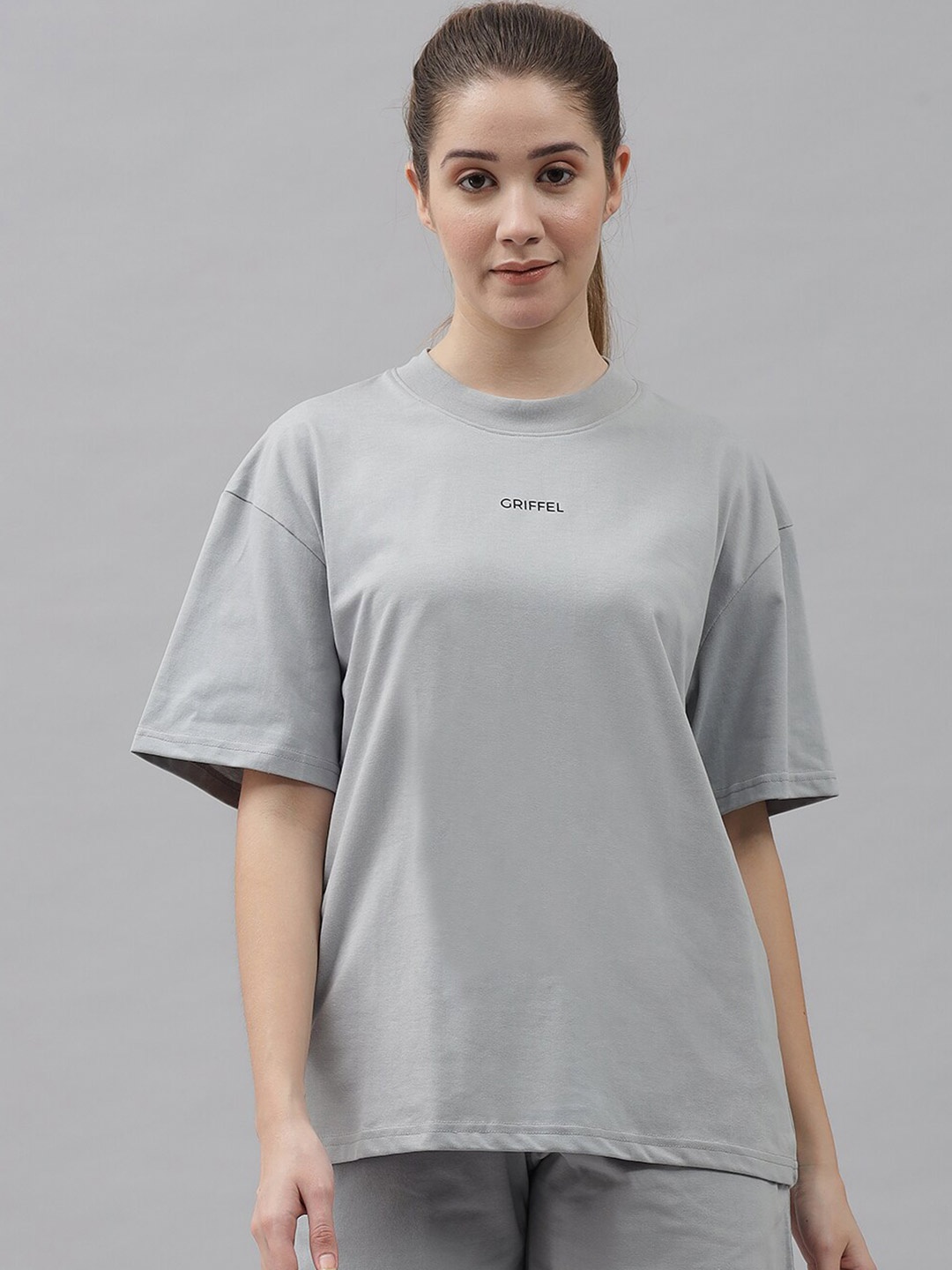 

GRIFFEL Women Pure Cotton T-shirt with Shorts, Grey melange