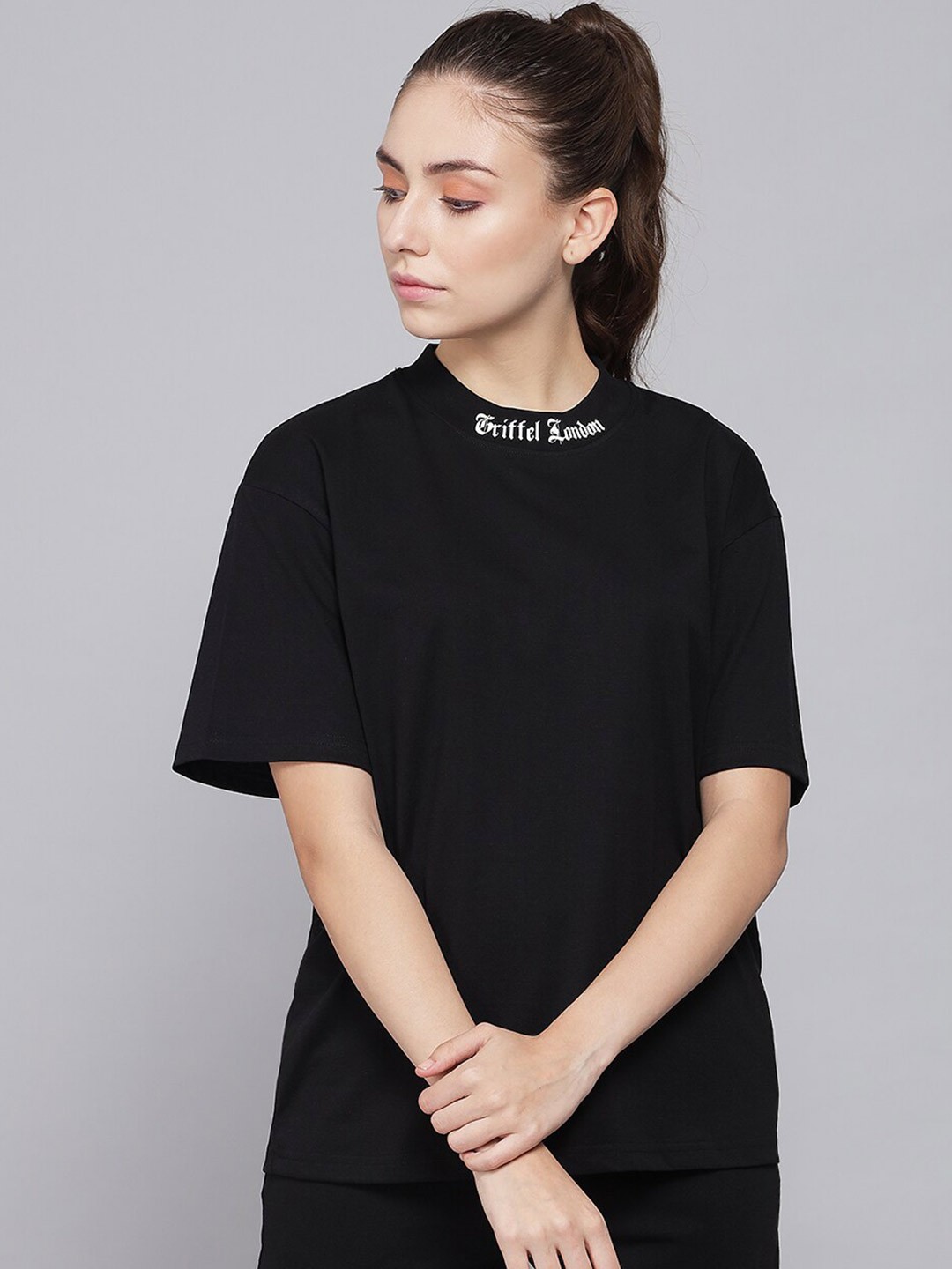 

GRIFFEL Women Pure Cotton T-shirt with Shorts, Black