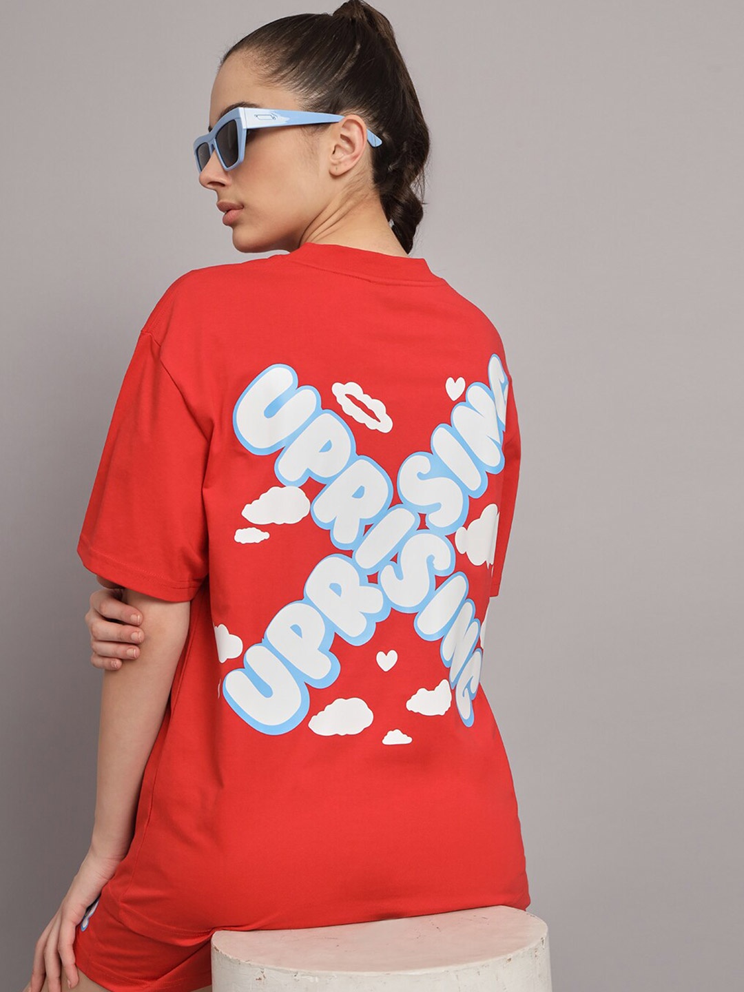 

GRIFFEL Women Printed Pure Cotton T-shirt with Shorts, Red