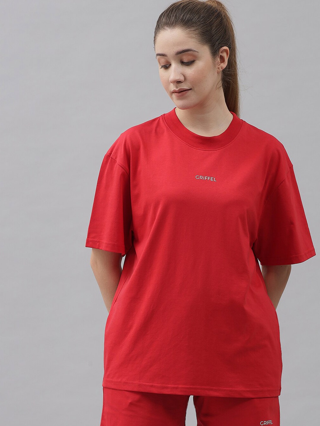 

GRIFFEL Women Pure Cotton T-shirt with Shorts, Red
