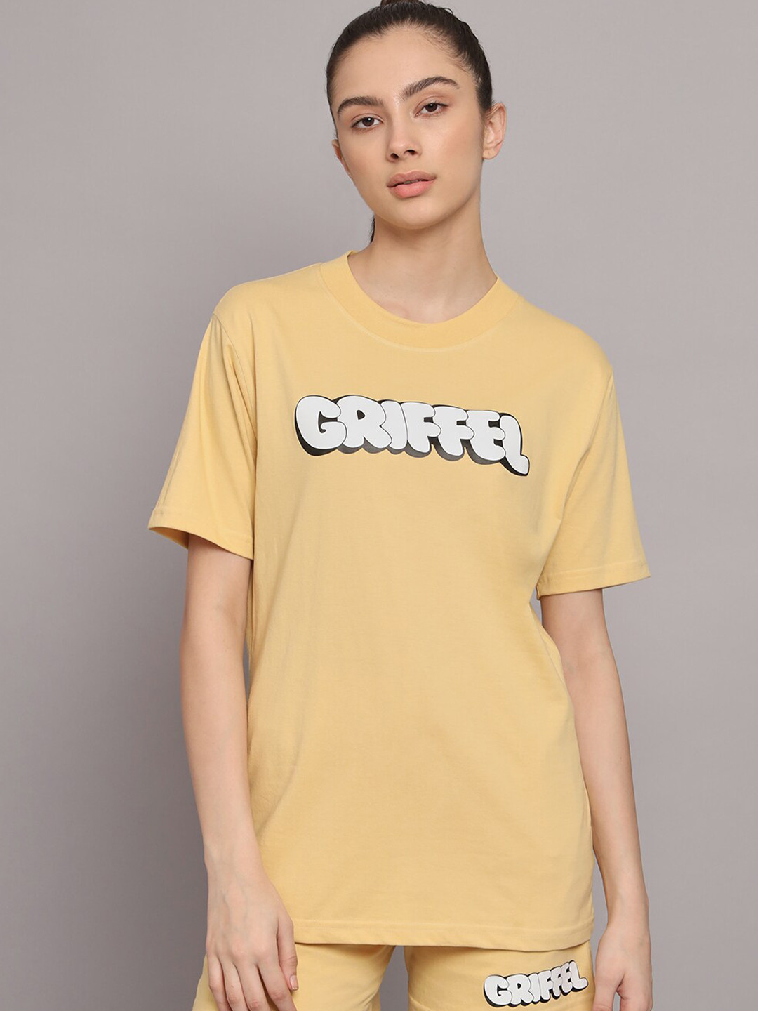 

GRIFFEL Women Typography Printed Pure Cotton T-shirt With Shorts, Yellow