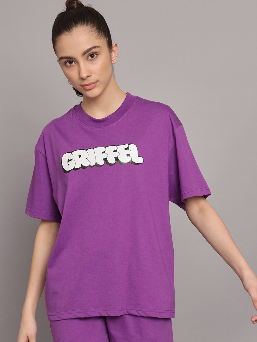

GRIFFEL Women Typography Printed Pure Cotton T-shirt With Shorts, Purple