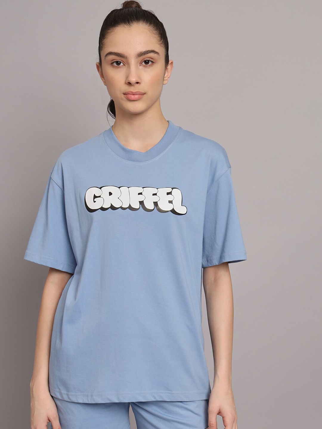 

GRIFFEL Women Typography Printed Pure Cotton T-shirt With Shorts, Blue