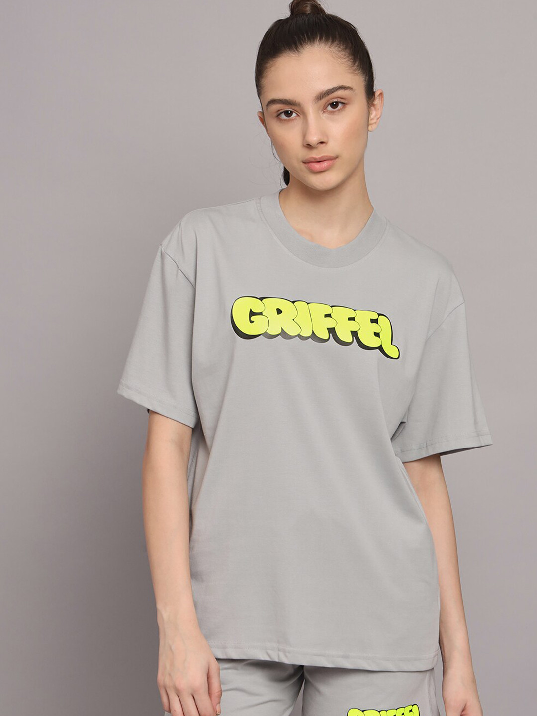 

GRIFFEL Women Printed Pure Cotton T-shirt With Shorts Set, Grey melange