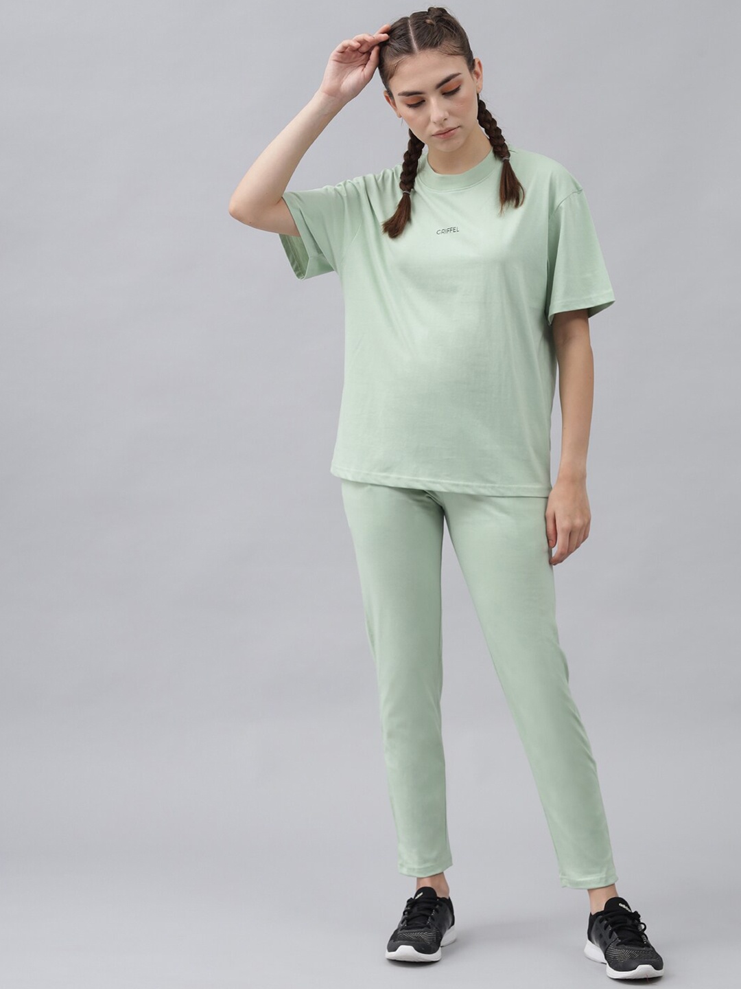 

GRIFFEL Women Pure Cotton T-shirt with Track Pants, Sea green