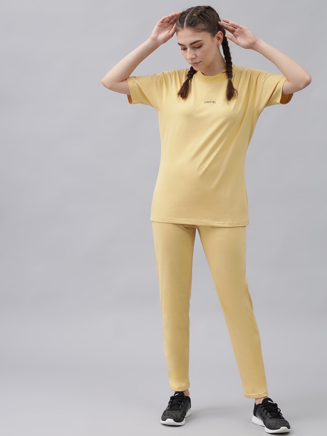 

GRIFFEL Women Pure Cotton Round Neck T-Shirt With Track Pants, Yellow