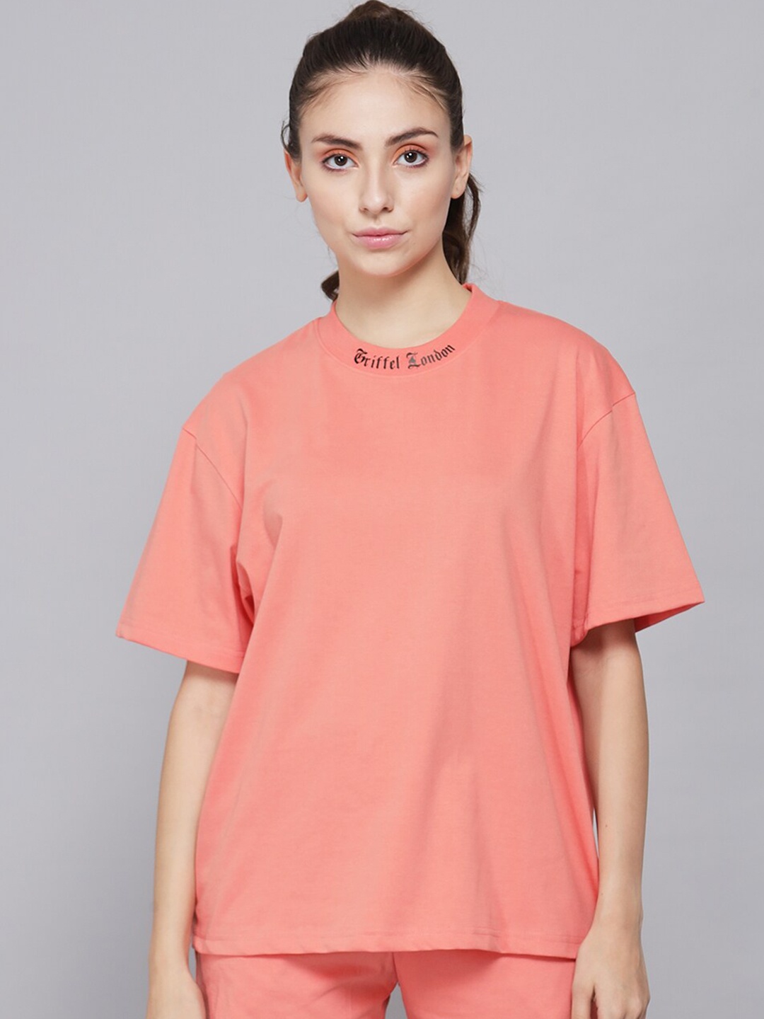 

GRIFFEL Women Round Neck Pure Cotton T-shirt With Shorts, Peach