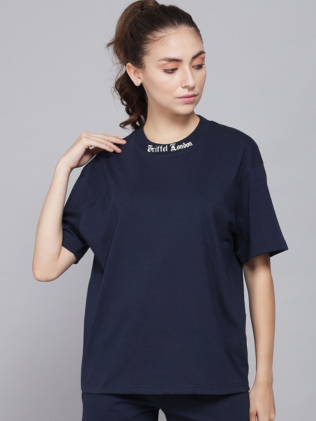 

GRIFFEL Women Pure Cotton T-shirt with Shorts, Navy blue