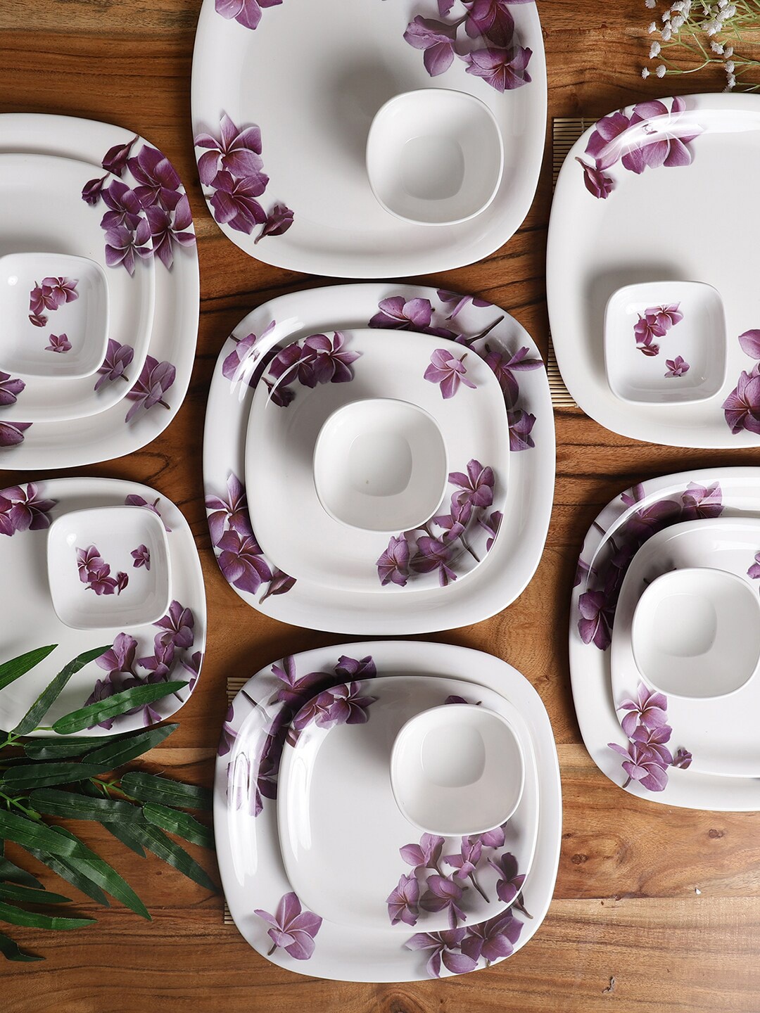 

CDI White & Purple 30 Pieces Floral Printed Melamine Glossy Square Dinner Set