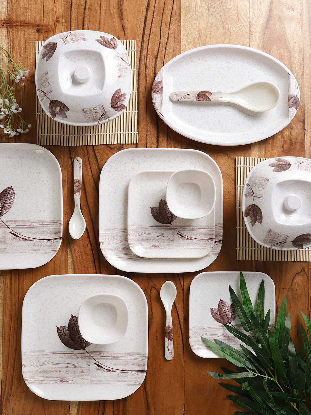 

CDI White & Brown 41 Pieces Floral Printed Melamine Glossy Dinner Set