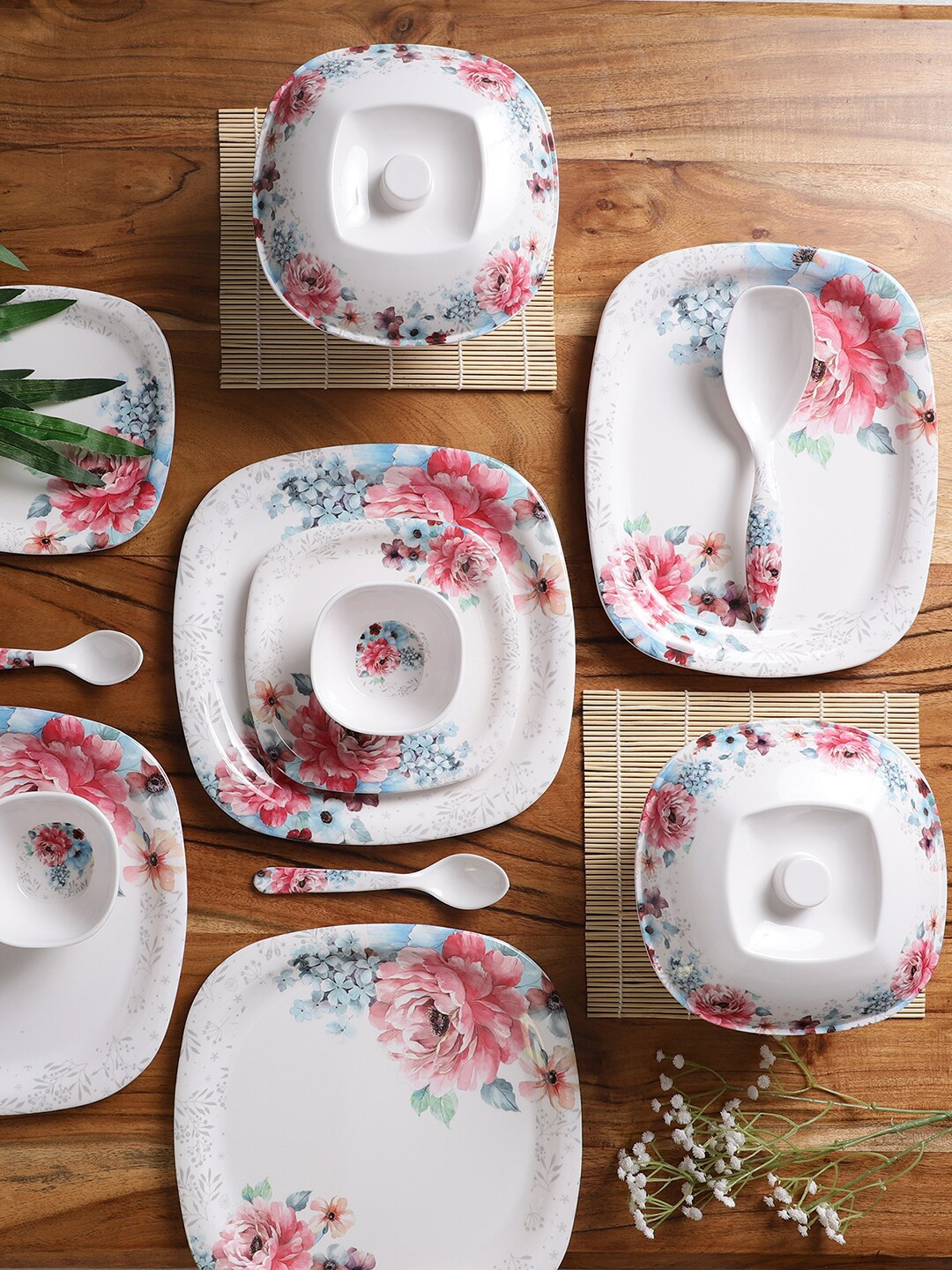 

CDI White & Pink 37 Pieces Floral Printed Melamine Glossy Dinner Set