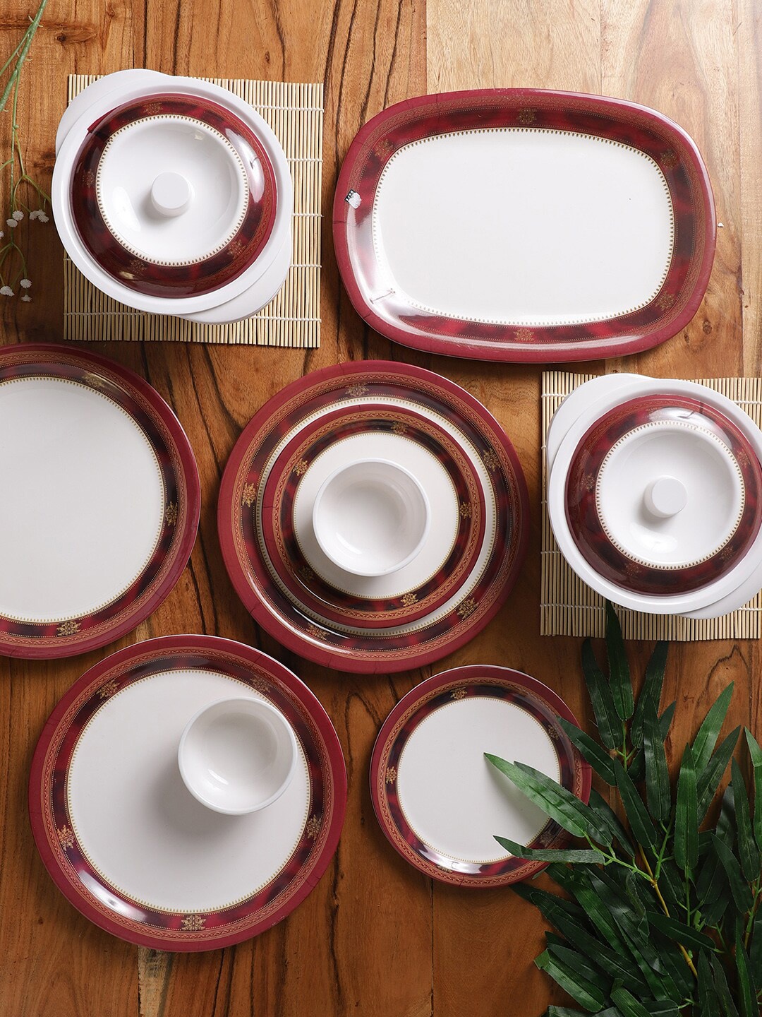 

CDI White & Maroon 31 Pieces Ethnic Motifs Printed Melamine Glossy Dinner Set